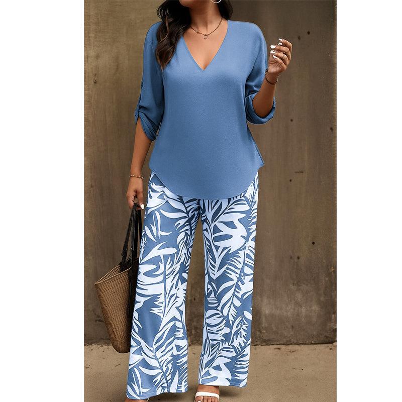 Amarielle — Blouse à décolleté en V & Ensemble de Pantalon à Jambes Amples Imprimé