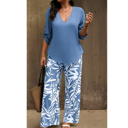 Amarielle — Blouse à décolleté en V & Ensemble de Pantalon à Jambes Amples Imprimé