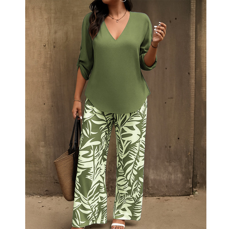 Amarielle — Blouse à décolleté en V & Ensemble de Pantalon à Jambes Amples Imprimé