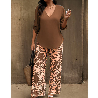 Amarielle — Blouse à décolleté en V & Ensemble de Pantalon à Jambes Amples Imprimé