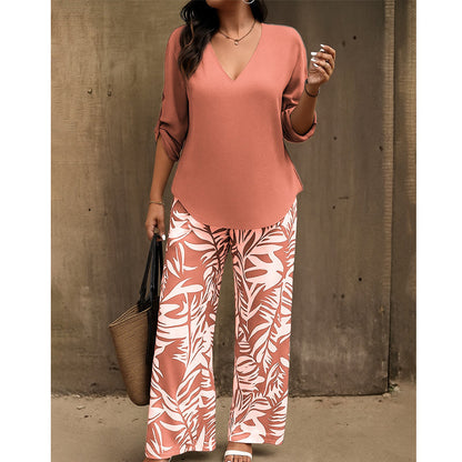 Amarielle — Blouse à décolleté en V & Ensemble de Pantalon à Jambes Amples Imprimé