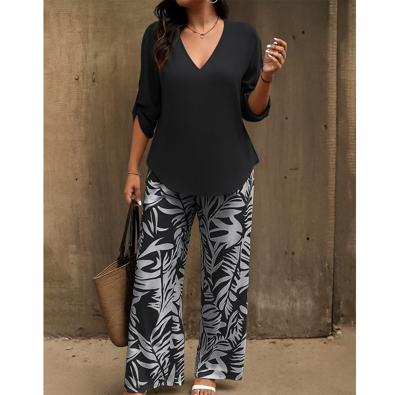 Amarielle — Blouse à décolleté en V & Ensemble de Pantalon à Jambes Amples Imprimé