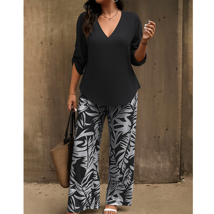 Amarielle — Blouse à décolleté en V & Ensemble de Pantalon à Jambes Amples Imprimé