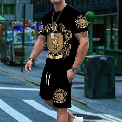 Regalis — Ensemble T-shirt et Shorts à Imprimé de Blason Doré