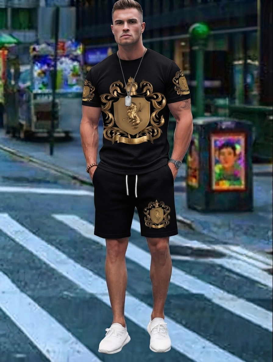 Regalis — Ensemble T-shirt et Shorts à Imprimé de Blason Doré