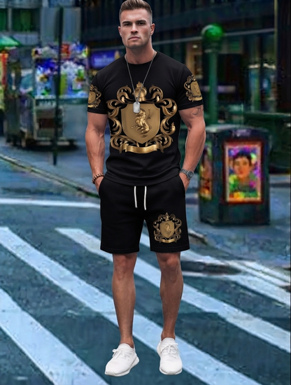 Regalis — Ensemble T-shirt et Shorts à Imprimé de Blason Doré